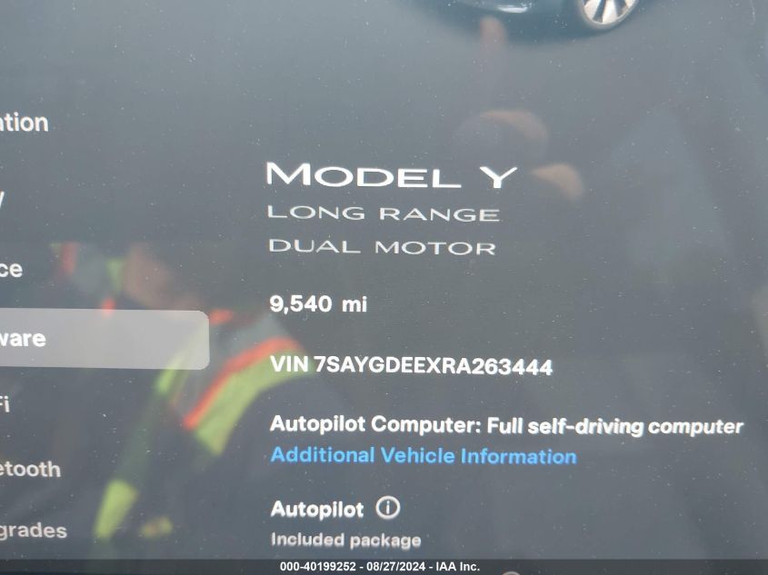 2024 Tesla Model Y Long Range Dual Motor All-Wheel Drive VIN: 7SAYGDEEXRA263444 Lot: 40199252