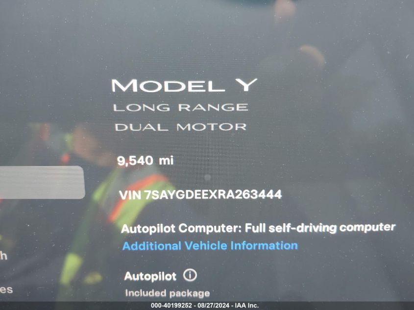 2024 Tesla Model Y Long Range Dual Motor All-Wheel Drive VIN: 7SAYGDEEXRA263444 Lot: 40199252