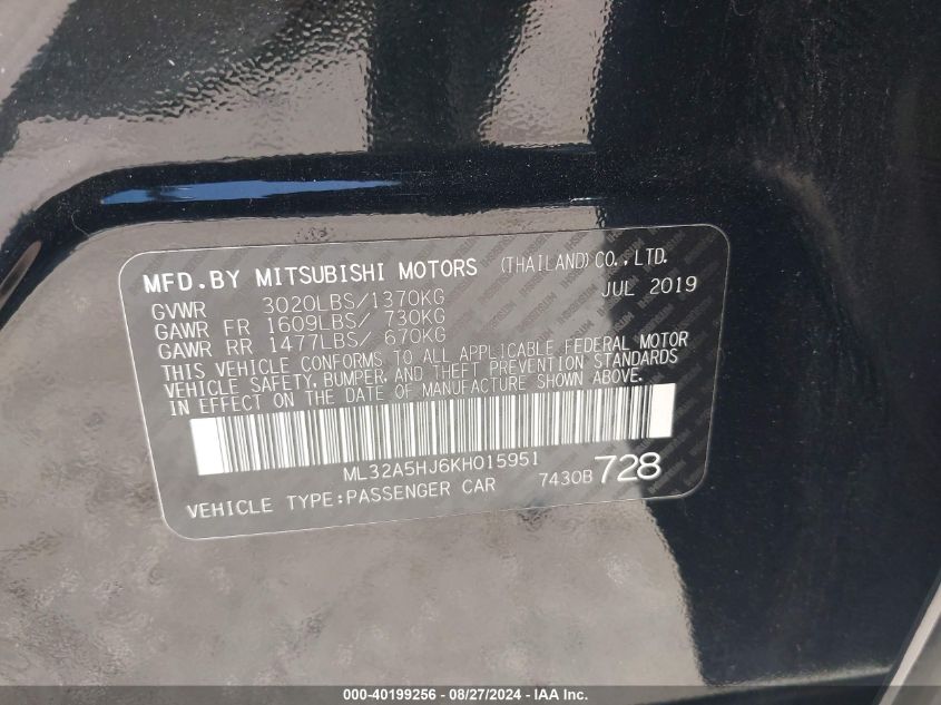 ML32A5HJ6KH015951 2019 Mitsubishi Mirage Le