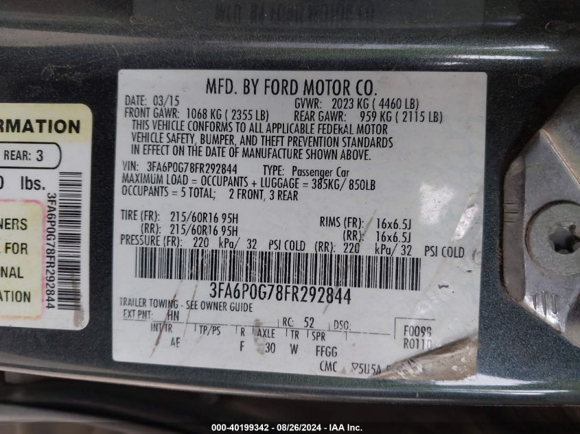 2015 Ford Fusion S VIN: 3FA6P0G78FR292844 Lot: 40199342