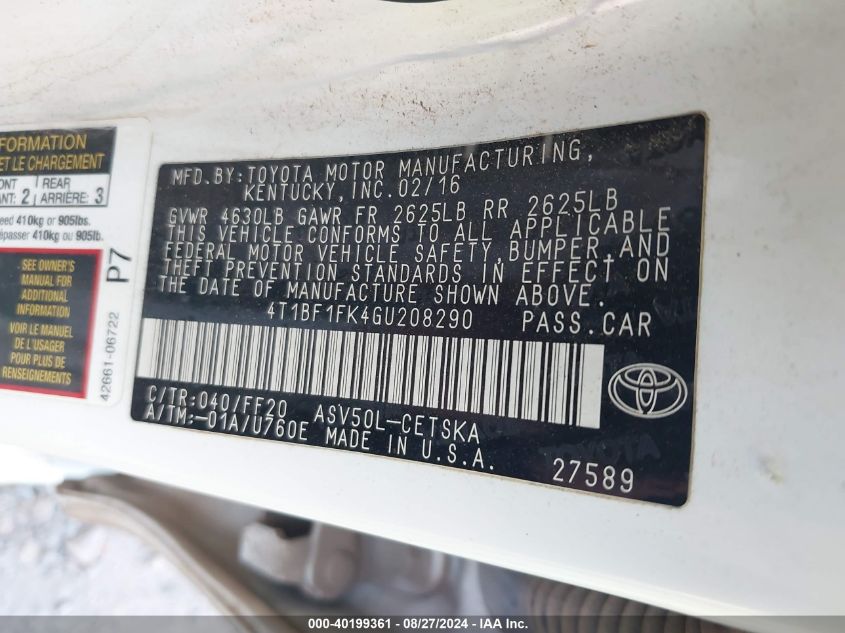 4T1BF1FK4GU208290 2016 Toyota Camry Se