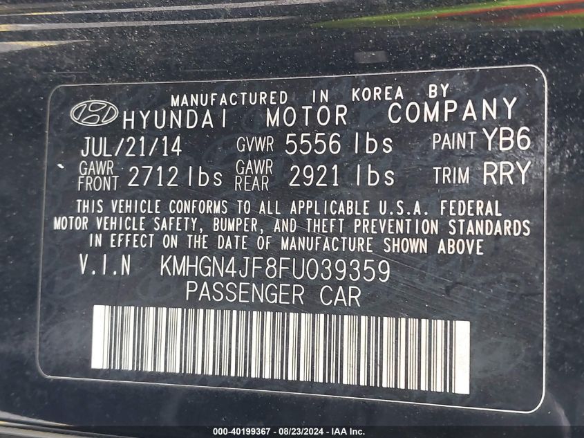 2015 Hyundai Genesis 5.0 VIN: KMHGN4JF8FU039359 Lot: 40199367