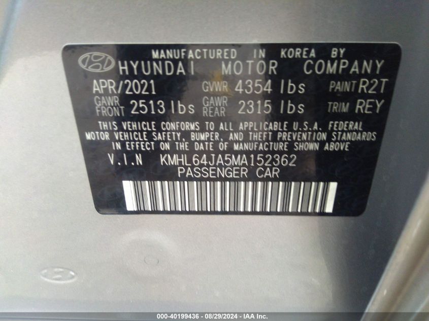 2021 Hyundai Sonata Sel VIN: KMHL64JA5MA152362 Lot: 40199436