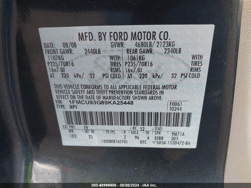 2009 Ford Escape Xlt VIN: 1FMCU93G89KA25448 Lot: 40199456