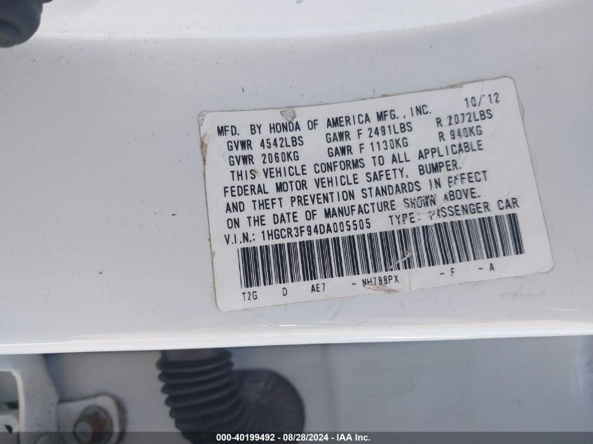 2013 HONDA ACCORD VIN: 1HGCR3F94DA005505