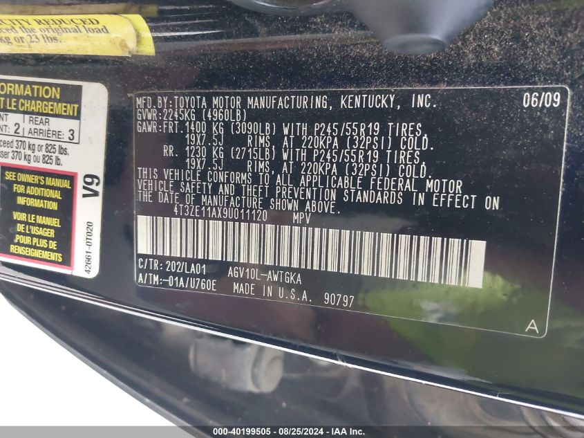 2009 Toyota Venza VIN: 4T3ZE11AX9U011120 Lot: 40199505