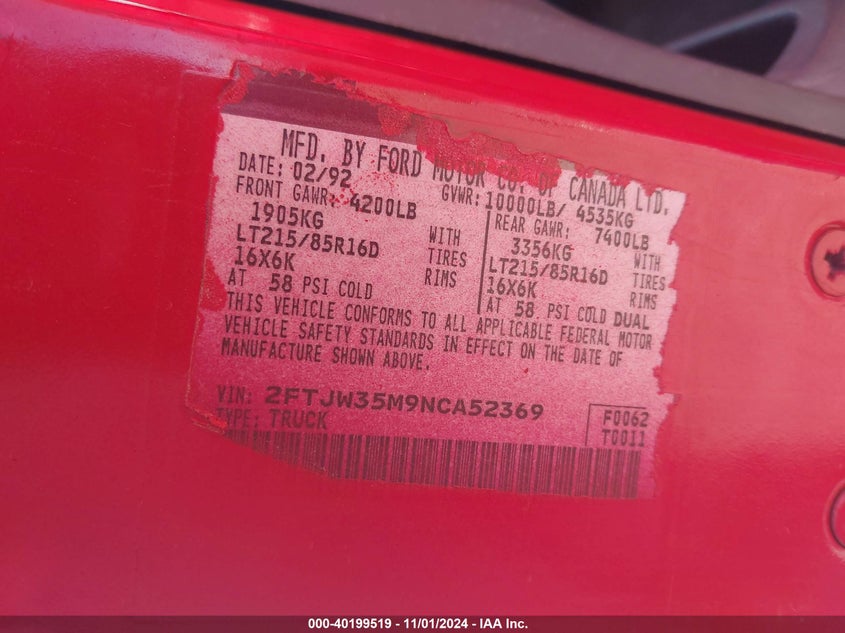 1992 Ford F350 VIN: 2FTJW35M9NCA52369 Lot: 40199519