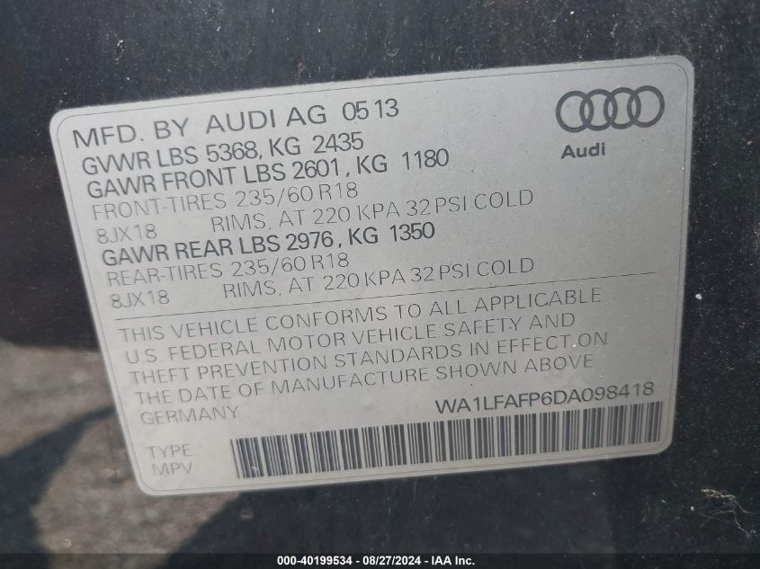 2013 Audi Q5 2.0T Premium VIN: WA1LFAFP6DA098418 Lot: 40199534