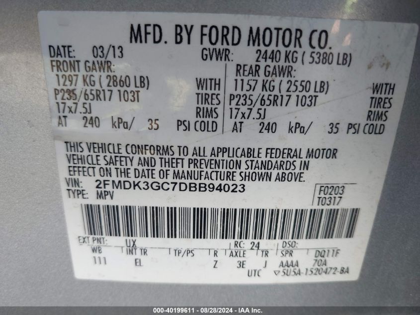 2013 Ford Edge Se VIN: 2FMDK3GC7DBB94023 Lot: 40199611