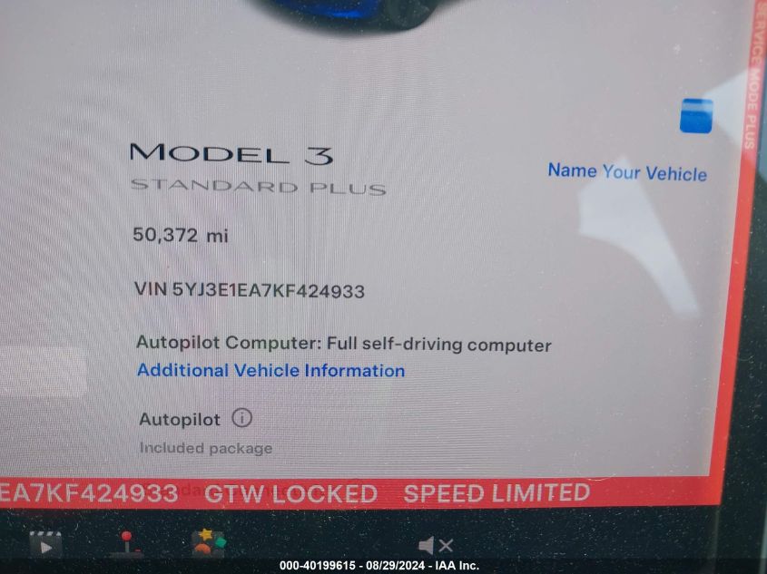 2019 Tesla Model 3 Long Range/Mid Range/Standard Range/Standard Range Plus VIN: 5YJ3E1EA7KF424933 Lot: 40199615