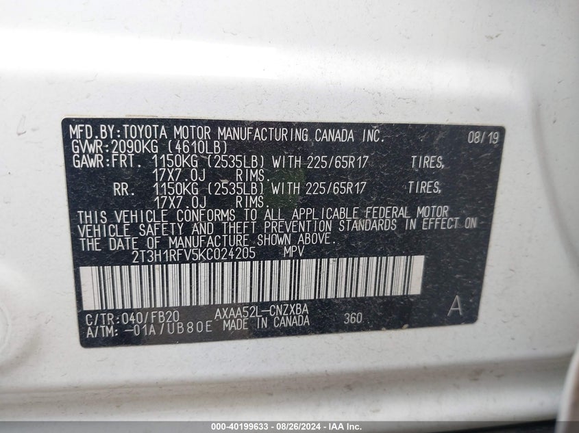 2019 TOYOTA RAV4 LE - 2T3H1RFV5KC024205