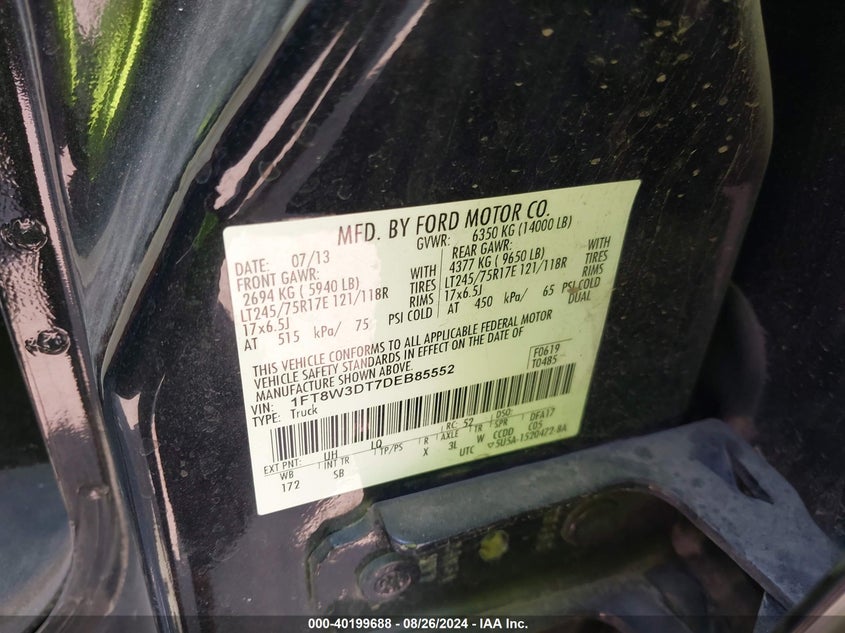 2013 Ford F-350 Lariat VIN: 1FT8W3DT7DEB85552 Lot: 40199688