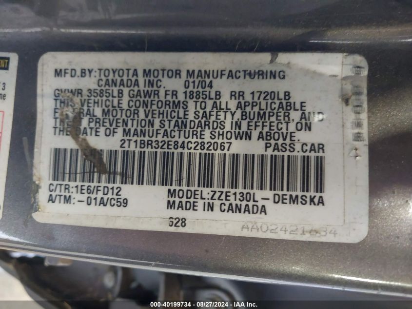 2004 Toyota Corolla S VIN: 2T1BR32E84C282067 Lot: 40199734