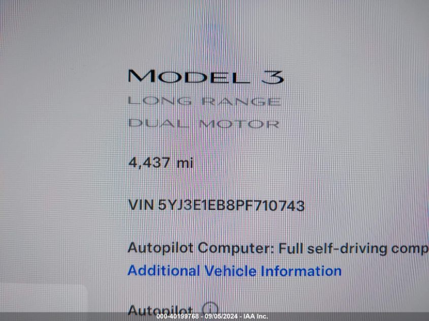 2023 Tesla Model 3 Long Range Dual Motor All-Wheel Drive VIN: 5YJ3E1EB8PF710743 Lot: 40199768