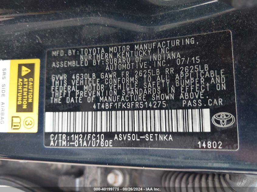 4T4BF1FK9FR514275 2015 Toyota Camry Le