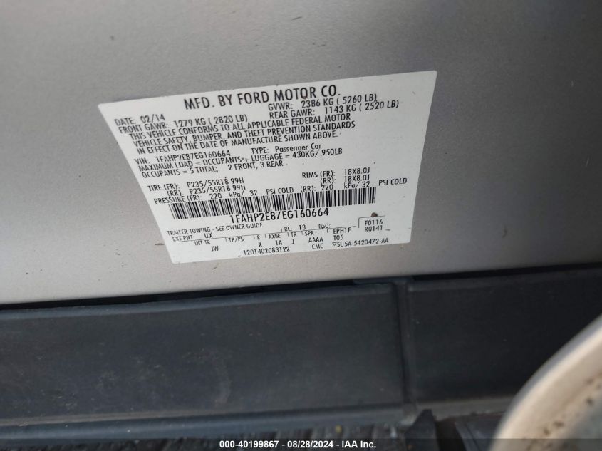 1FAHP2E87EG160664 2014 Ford Taurus Sel