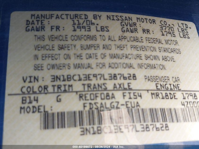 2007 Nissan Versa 1.8Sl VIN: 3N1BC13E97L387628 Lot: 40199872