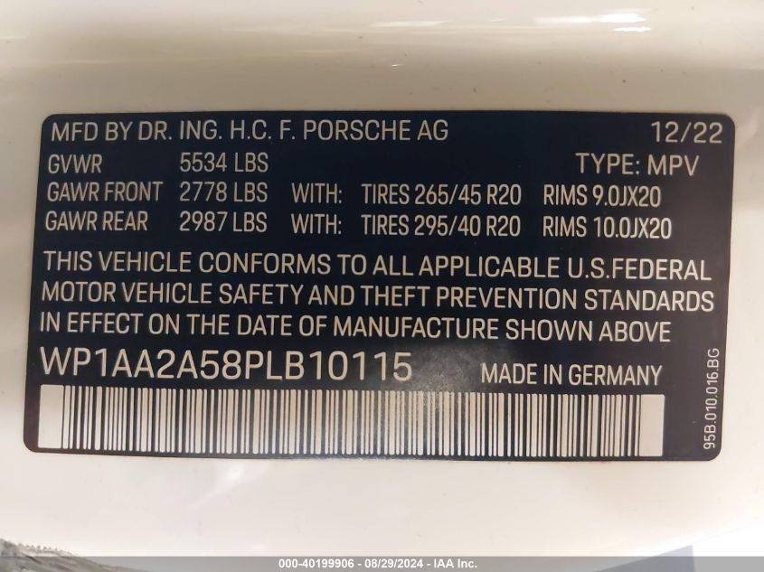 2023 Porsche Macan T VIN: WP1AA2A58PLB10115 Lot: 40199906