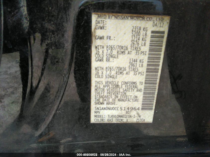 2012 Nissan Xterra X VIN: 5N1AN0NU0CC514964 Lot: 40200022