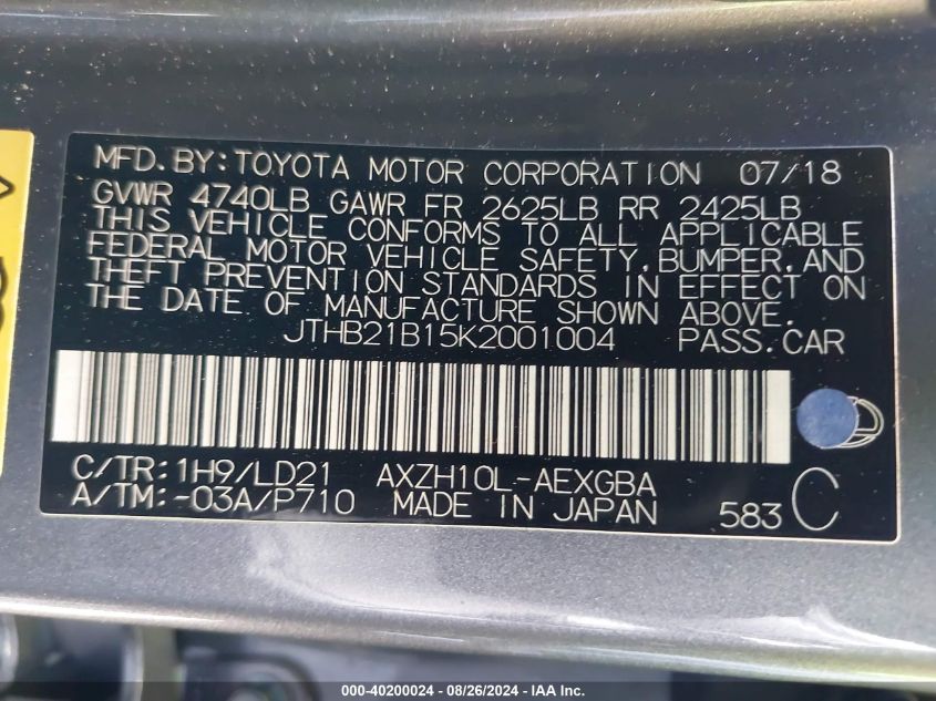 JTHB21B15K2001004 2019 Lexus Es 300H