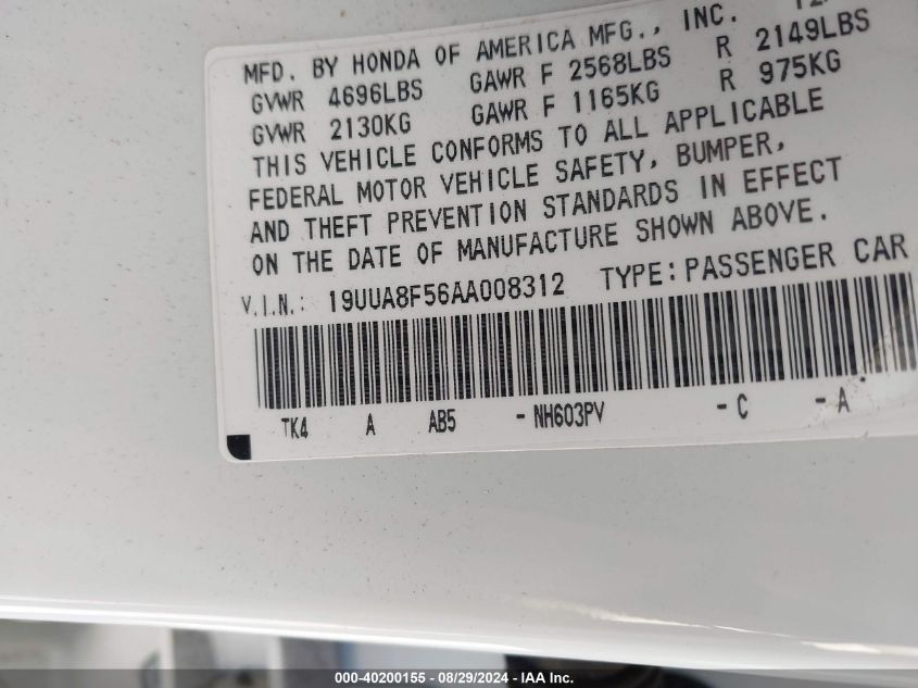 2010 Acura Tl 3.5 VIN: 19UUA8F56AA008312 Lot: 40200155