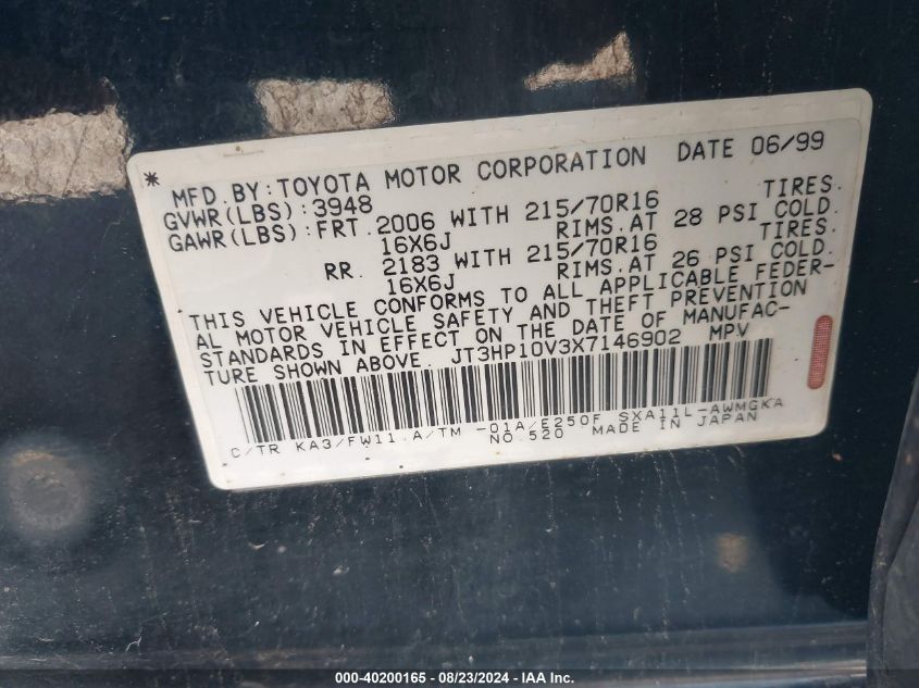 1999 Toyota Rav4 VIN: JT3HP10V3X7146902 Lot: 40200165