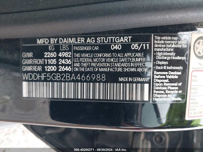 2011 Mercedes-Benz E 350 VIN: WDDHF5GB2BA466988 Lot: 40200271