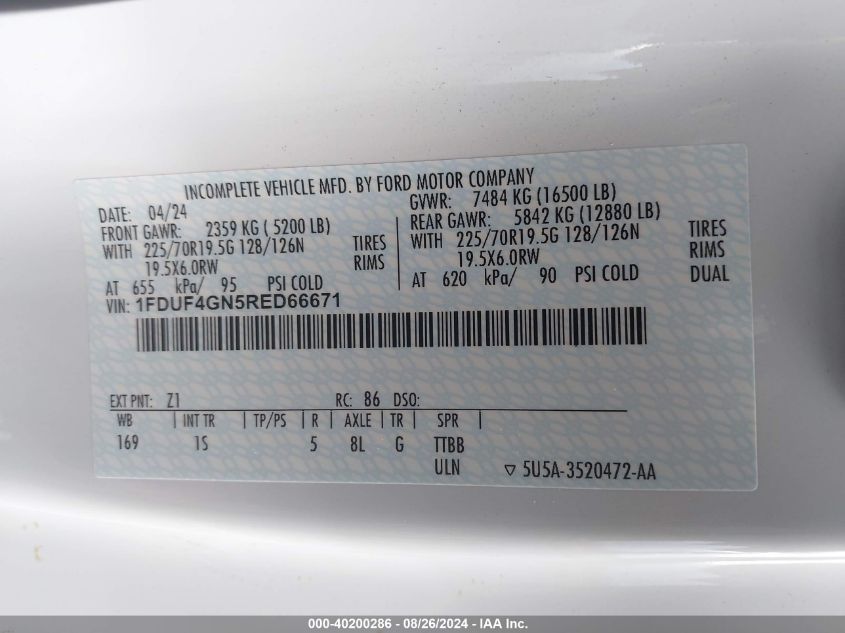 2024 Ford F-450 Chassis Xl VIN: 1FDUF4GN5RED66671 Lot: 40200286