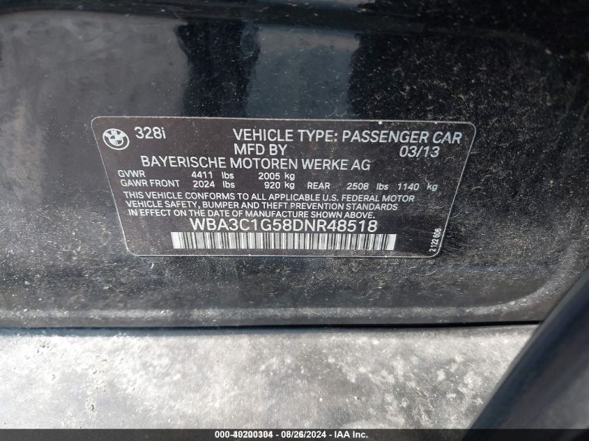 2013 BMW 328I VIN: WBA3C1G58DNR48518 Lot: 40200304