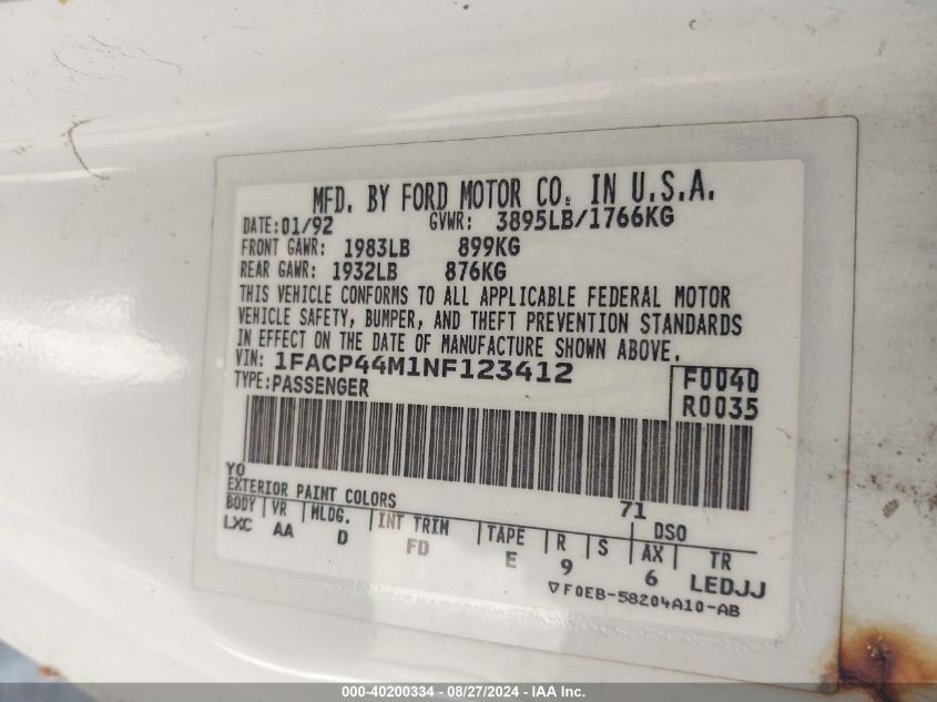 1992 Ford Mustang Lx VIN: 1FACP44M1NF123412 Lot: 40200334