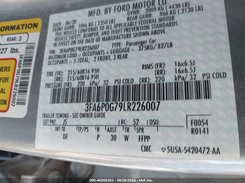 2020 Ford Fusion S VIN: 3FA6P0G79LR226007 Lot: 40200353