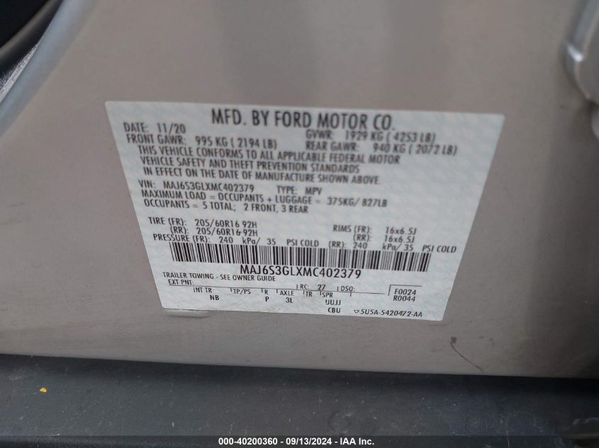 MAJ6S3GLXMC402379 2021 Ford Ecosport Se