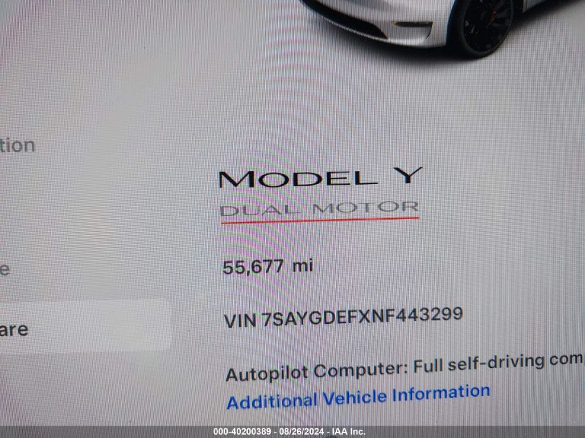 2022 Tesla Model Y Performance Dual Motor All-Wheel Drive VIN: 7SAYGDEFXNF443299 Lot: 40200389