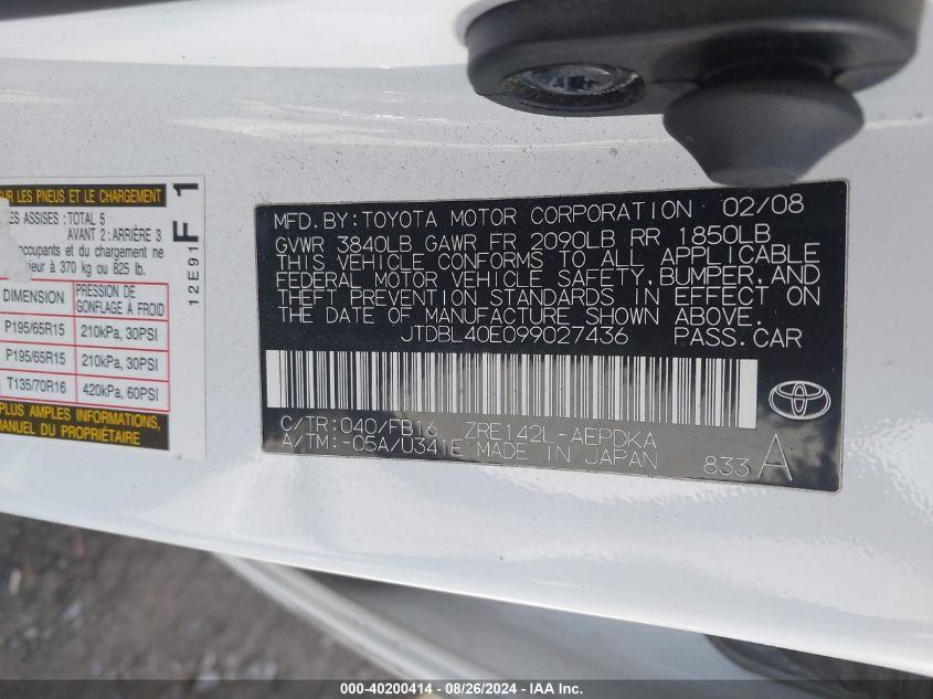 2009 Toyota Corolla Le VIN: JTDBL40E099027436 Lot: 40200414