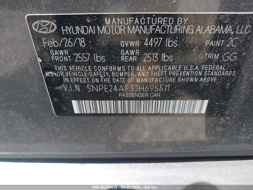 5NPE24AF3JH695511 2018 Hyundai Sonata Se