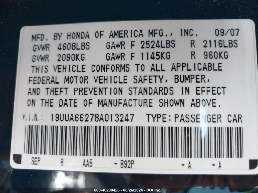 2008 Acura Tl 3.2 VIN: 19UUA66278A013247 Lot: 40200425