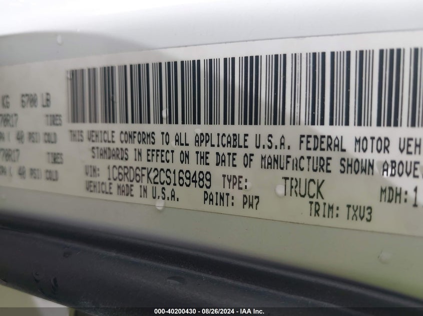 2012 Ram 1500 St VIN: 1C6RD6FK2CS169489 Lot: 40200430