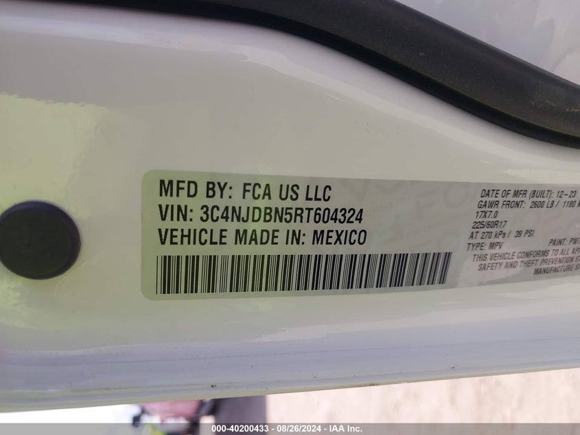 2024 Jeep Compass Latitude 4X4 VIN: 3C4NJDBN5RT604324 Lot: 40200433