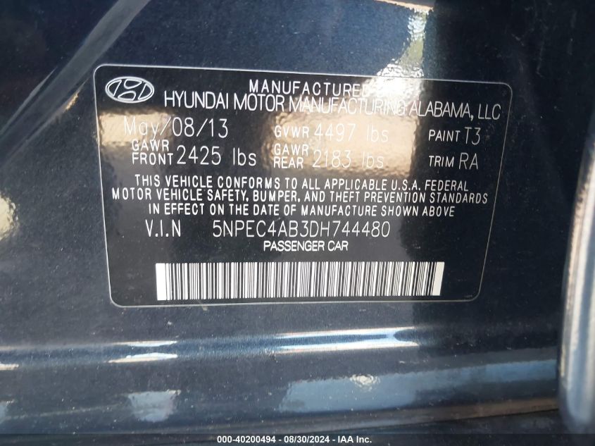 2013 Hyundai Sonata Se/Limited VIN: 5NPEC4AB3DH74448 Lot: 40200494