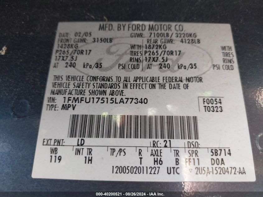 2005 Ford Expedition Eddie Bauer/King Ranch VIN: 1FMFU17515LA77340 Lot: 40200521