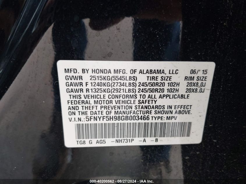 2016 HONDA PILOT TOURING - 5FNYF5H98GB003466