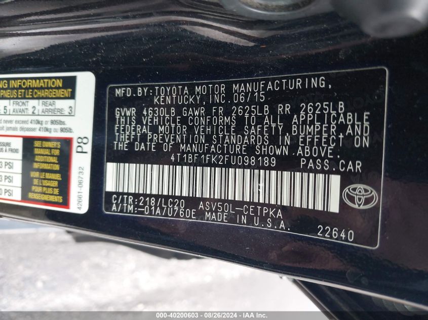 2015 Toyota Camry Xse VIN: 4T1BF1FK2FU098189 Lot: 40200603