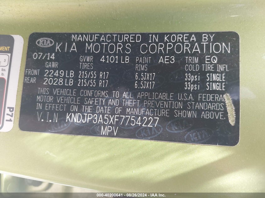 2015 KIA SOUL VIN: KNDJP3A5XF7754227