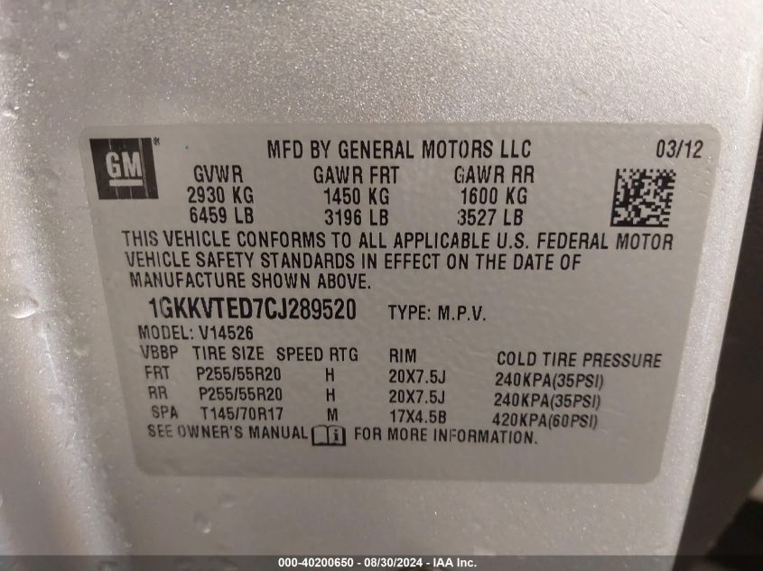 2012 GMC Acadia Denali VIN: 1GKKVTED7CJ289520 Lot: 40200650