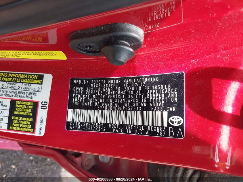 2017 TOYOTA COROLLA LE - 5YFBURHE9HP657513