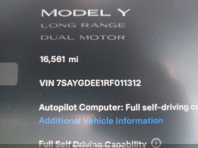 2024 Tesla Model Y Long Range Dual Motor All-Wheel Drive VIN: 7SAYGDEE1RF011312 Lot: 40200757