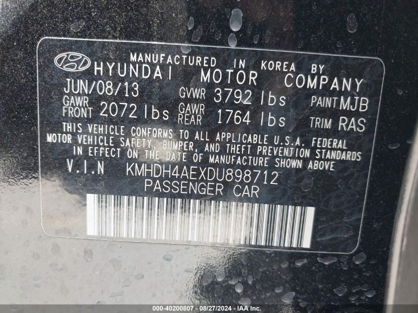 2013 Hyundai Elantra Gls VIN: KMHDH4AEXDU898712 Lot: 40200807