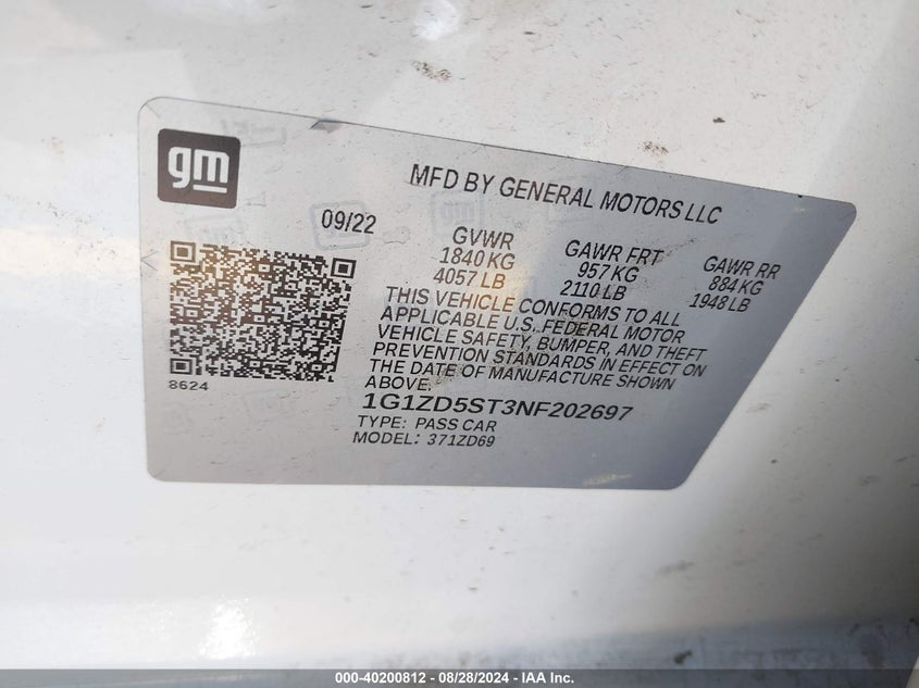 VIN 1G1ZD5ST3NF202697 2022 CHEVROLET MALIBU FWD LT
