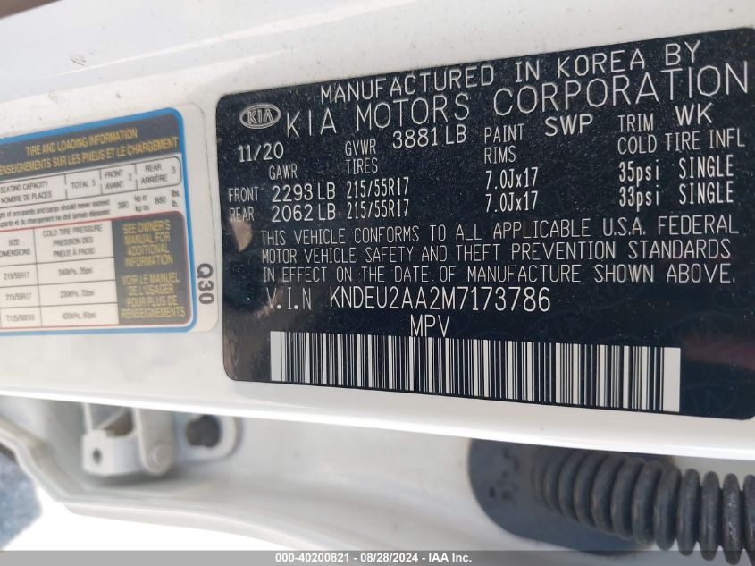 2021 Kia Seltos S VIN: KNDEU2AA2M7173786 Lot: 40200821