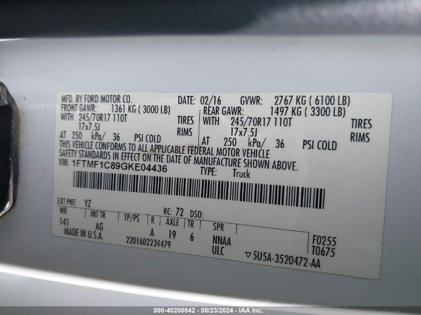 2016 Ford F-150 Xl VIN: 1FTMF1C89GKE04436 Lot: 40200842